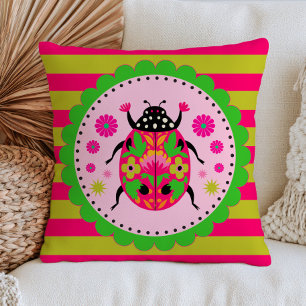 Cojín Decorativo Mariquita de Arte Popular Rosa y Verde Rayas Flora