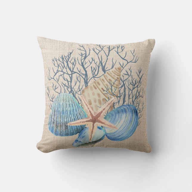 Cojín Decorativo Marismas azules beige estelar de pez coral conchas (Anverso)