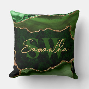 Cojín Decorativo Mármol Ágata Brillante Verde Elegante y Dorado Fal