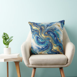 Cojín Decorativo Mármol Azul Dorado Patrón de Arte Fluido Decoració