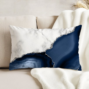 Cojín Decorativo Mármol Blanco Agata Azul Marino Brillo Plateado