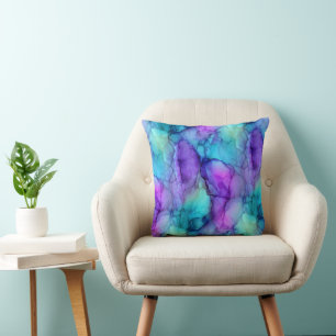 Cojín Decorativo Mármol de Acuarela Azul Turquesa y Púrpura