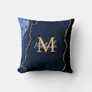 Cojín Decorativo Mármol de ágata azul marino y dorado