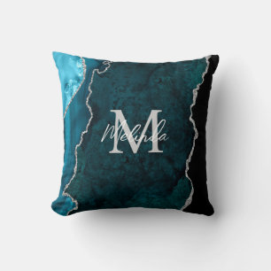 Cojín Decorativo Mármol de Ágata Azul Teal y Plata