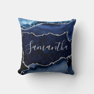 Cojín Decorativo Mármol de Ágata Brillante Azul y Plateado Falso