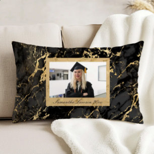 Cojín Decorativo Mármol de Oro Negro Foto de Graduación Personaliza