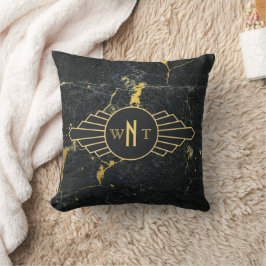 Cojín Decorativo Mármol de oro negro tres letras Monograma Art Deco