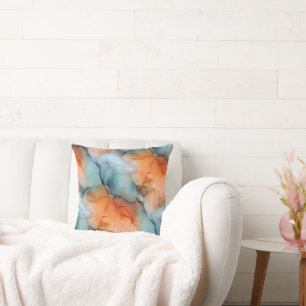 Cojín Decorativo Mármol Fluido Azul Teal y Naranja Suave
