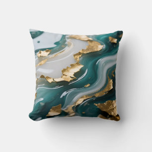 Cojín Decorativo Mármol Fluido de Hoja de Oro Verde Teal Lujoso