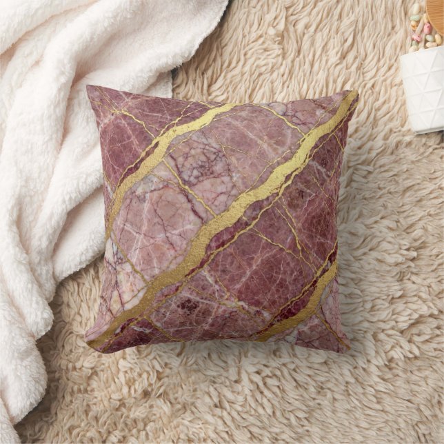 Cojín Decorativo Mármol Moderno Rosa + Lujo Dorado  (Manta)