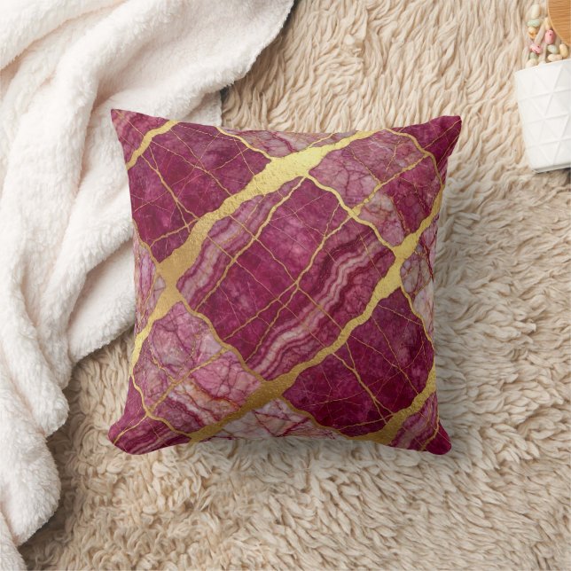Cojín Decorativo Mármol Moderno Rosa + Lujo Dorado  (Manta)