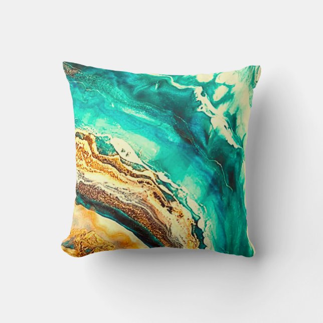Cojín Decorativo Mármol moderno Verde azulado Turquesa Gold Faux Bl (Anverso)