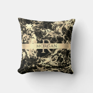 Cojín Decorativo Mármol negro y dorado, franja dorada, nombre + mon