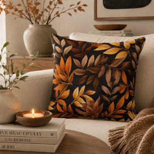 Cojín Decorativo Marrón Mocha Naranja Quemada Hojas de Otoño Elegan