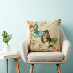 Cojín Decorativo Marrón Naranja Azul Mariposa Floral