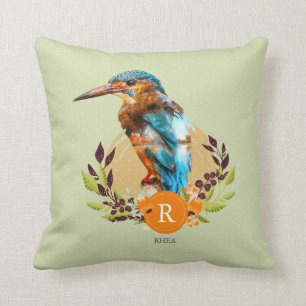 Cojín Decorativo Martín pescador personalizado y diseño floral