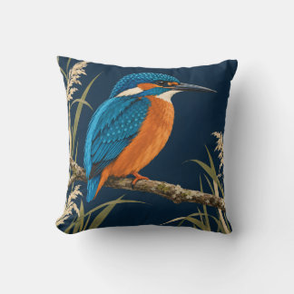 Cojín Decorativo Martín pescador y caña azul naranja botánico