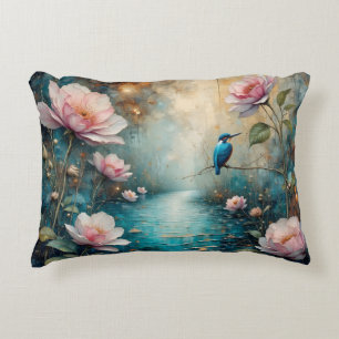 Cojín Decorativo Martín pescador y rosas rosadas