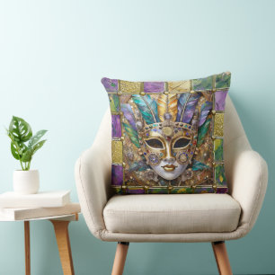 Cojín Decorativo Máscara de plumas de colores de oro y cerámica de