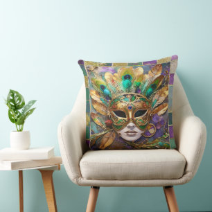 Cojín Decorativo Máscara de plumas de pavo real dorado y verde de M