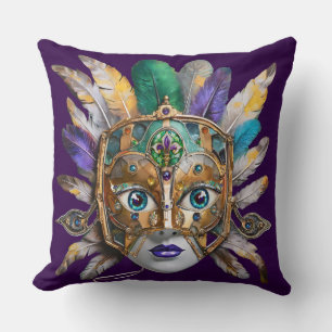 Cojín Decorativo Máscara de plumas y metal de Mardi Gras