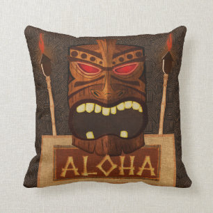 Cojín Decorativo Máscara Tiki de Madera Vintage Retro Luau Verano