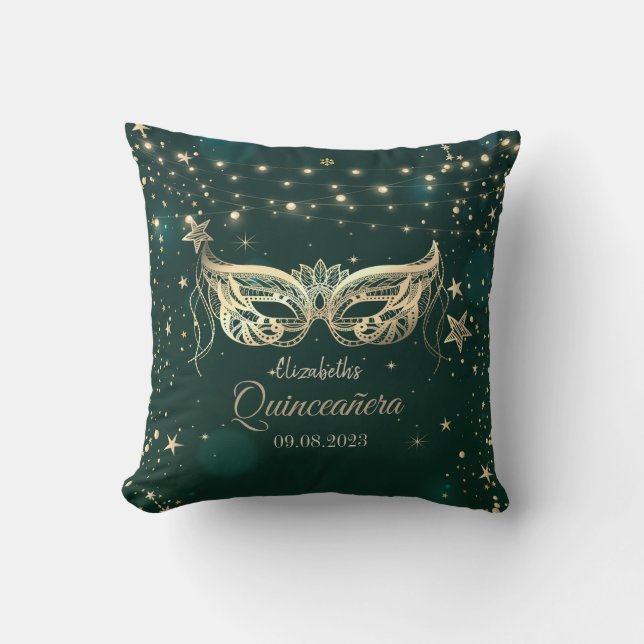 Cojín Decorativo Mascarada, estrellas verdes Quinceañera (Anverso)