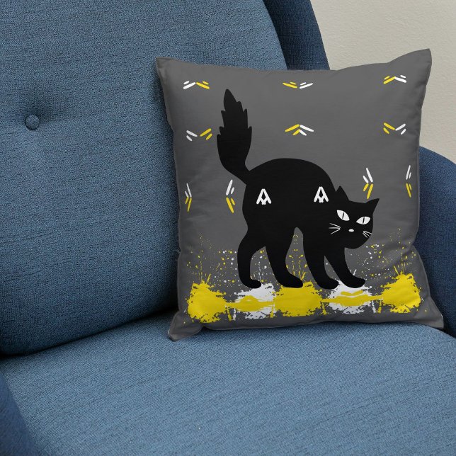 Cojín Decorativo Mascota Gato Negro Sobre Blanco Gris Amarillo Cute (Subido por el creador)