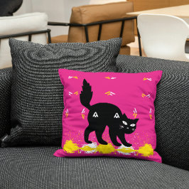 Cojín Decorativo Mascota Gato Negro Sobre Blanco Rosa Cute Amarillo