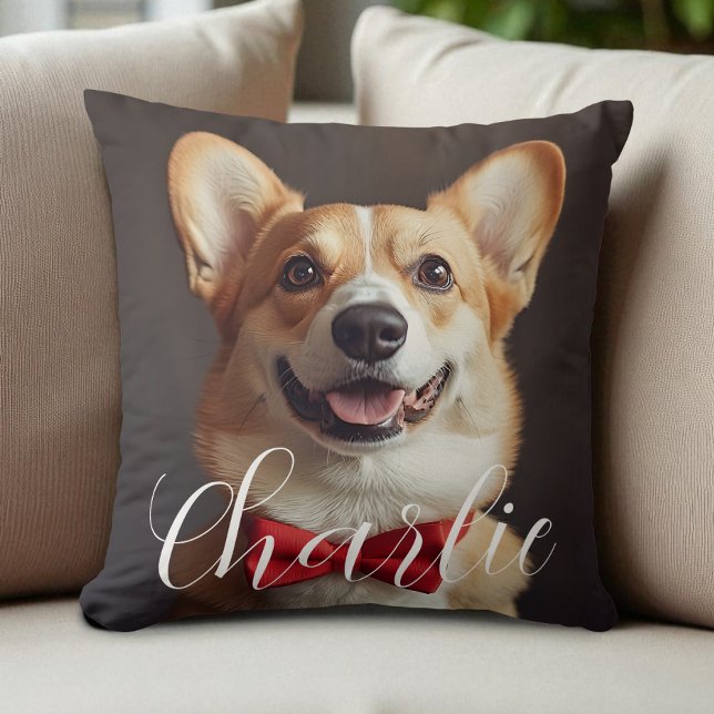 Cojín Decorativo Mascota personalizado Nombre de guión gráfico simp (Custom Pet Photo Script Name Simple Calligraphy Throw Pillow)