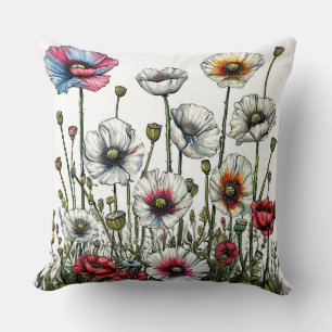 Cojín Decorativo Matriz Colorida de Amapolas en una Ilustración Bot