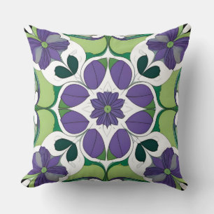 Cojín Decorativo Medallón Floral Geométrico Botánico Verde Púrpura