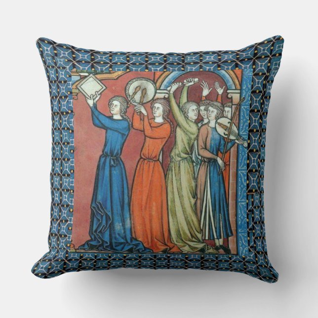 Cojín Decorativo Medieval musicians pillow with blue background (Anverso)
