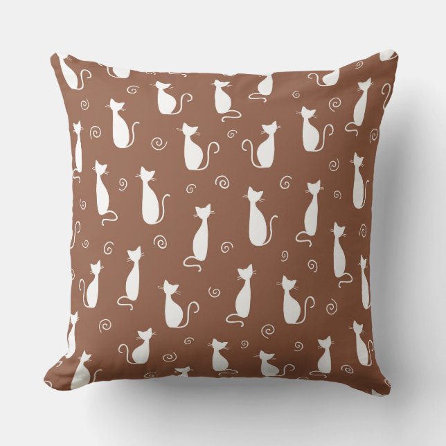COJÍN DECORATIVO MEDIO MARRÓN CON SILHOUETTES DE GATO BLANCO (Anverso)