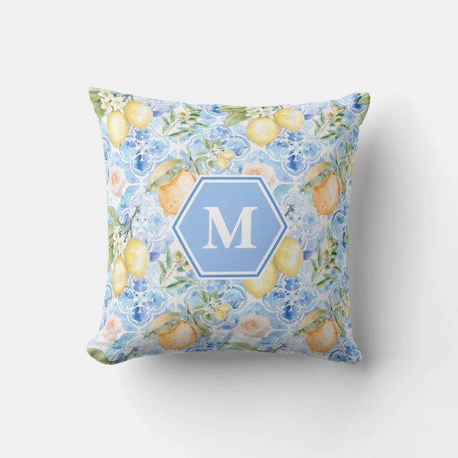 Cojín Decorativo Mediterranean Blue Tile Limoncello Monogram Name (Anverso)