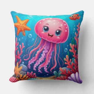 Cojín Decorativo Medusa Rosa Bonita Bajo Agua Arrecife de Coral Océ
