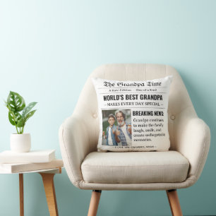 Cojín Decorativo Mejor abuelo del mundo foto periódico negro blanco