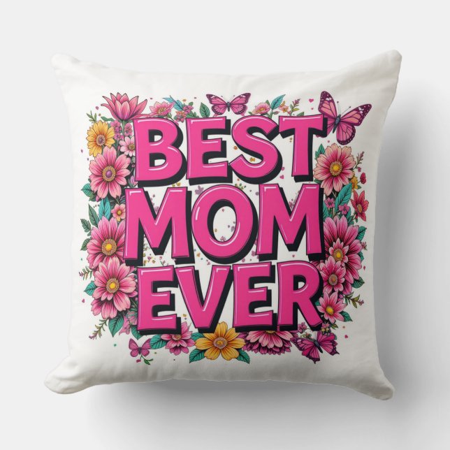 Cojín Decorativo Mejor Mamá Cita Mariposas Flores Rosa (Anverso)