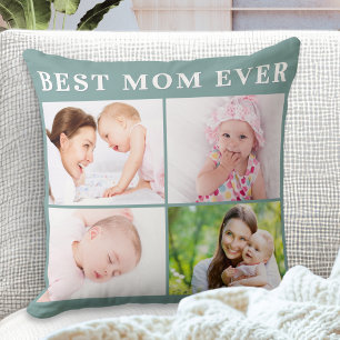 Cojín Decorativo Mejor Mamá del Mundo 4 Collage de Fotos Verde Salv