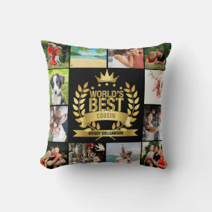 Cojín Decorativo Mejor Primo del Mundo Collage de Fotos Dorado Negr