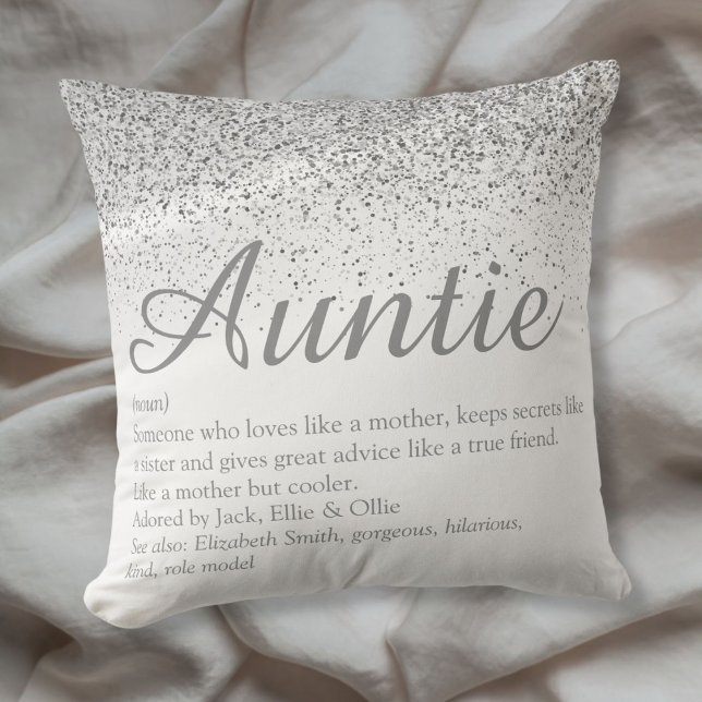 Cojín Decorativo Mejor Tía con Purpurina Plateada Definición (Silver Glitter Best Ever Auntie Aunt Definition Throw Pillow)