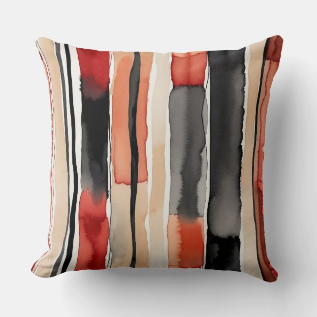 Cojín Decorativo Melocotón rojo blanco y rayas abstractas negras (Anverso)