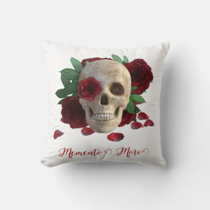 Cojín Decorativo Memento Mori. Cráneo con rosas rojas