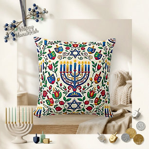 Cojín Decorativo Menorá Dreidel Folk Blanco Festivo