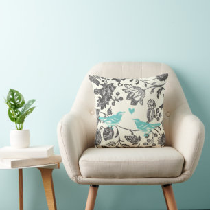Cojín Decorativo Menta Gris Floral Vintage Moderno Tendencia Pájaro