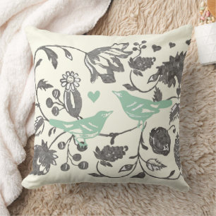 Cojín Decorativo Menta y Gris Tendencia Floral Vintage Pájaro
