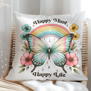 Cojín Decorativo "Mente Feliz Vida Feliz" Mariposa Pastel Arcoíris