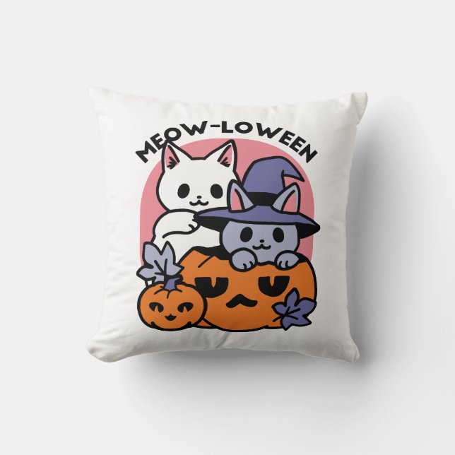 Cojín Decorativo Meow-Loween - Diseño de felinos Halloween (Anverso)