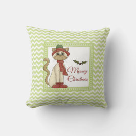 Cojín Decorativo Meowy Navidades Kitty con fondo de chevron verde