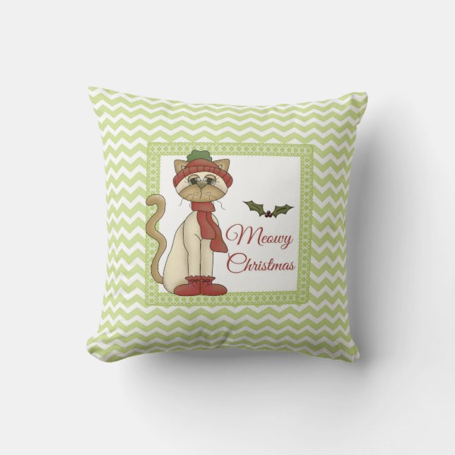 Cojín Decorativo Meowy Navidades Kitty con fondo de chevron verde (Anverso)